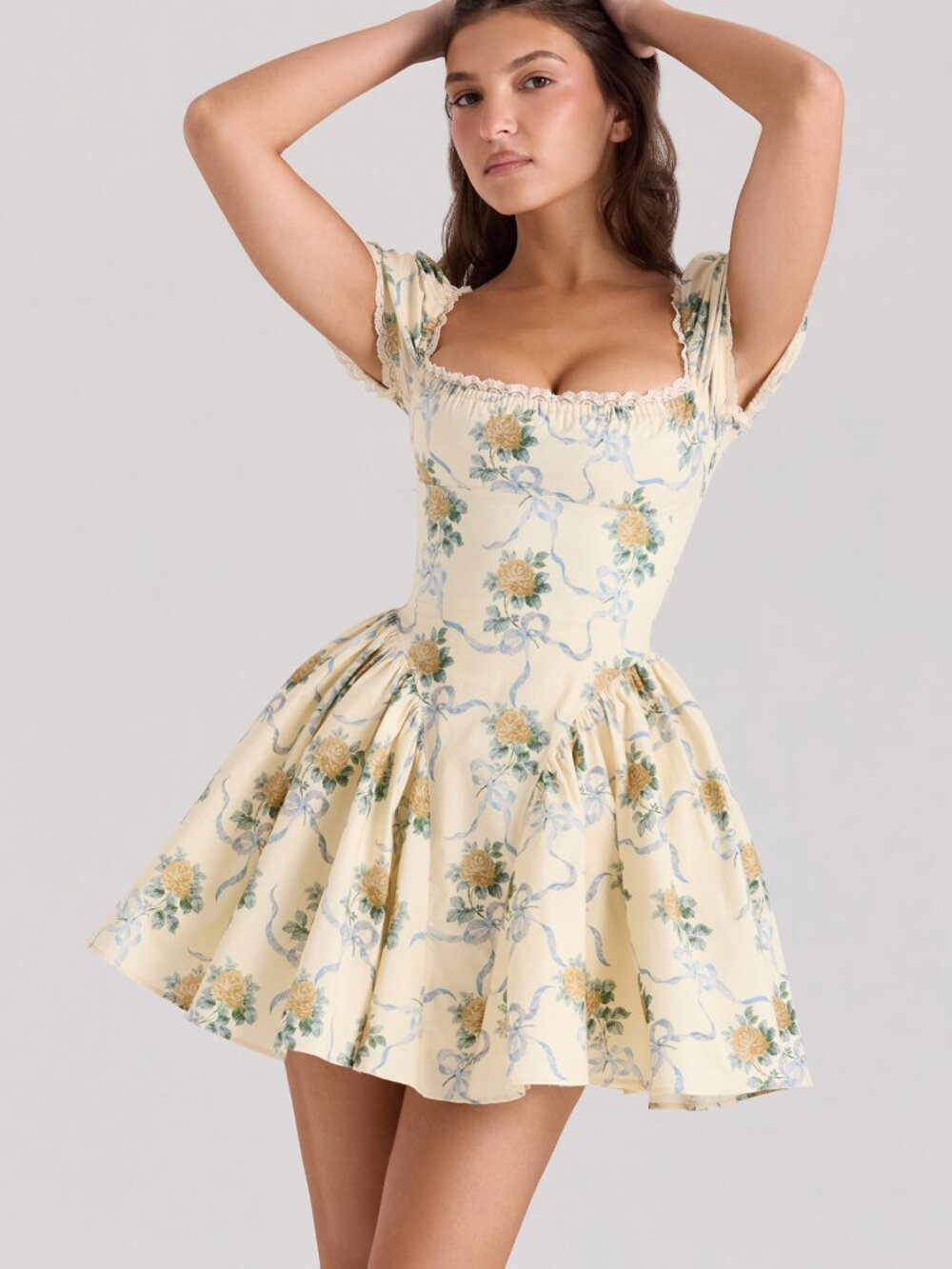 House of CB Yellow Floral Puff Sleeve Mini Dress